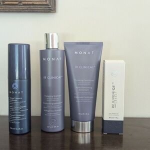 MONAT THICKENING shampoo, conditioner, leave in, and rejuvenique serumb